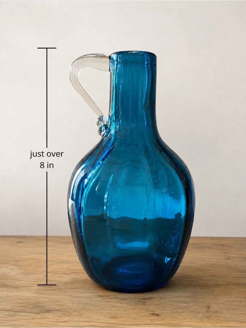 Vintage Cobalt Blue Art Glass Jug Vase Clear Applied Handle Hand Blown 8”